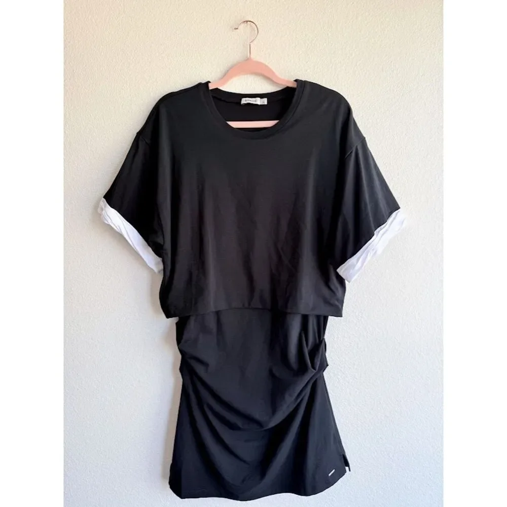 Simkhai Cody Cotton Jersey Ruched Mini Dress in Black & White size XL NWOT